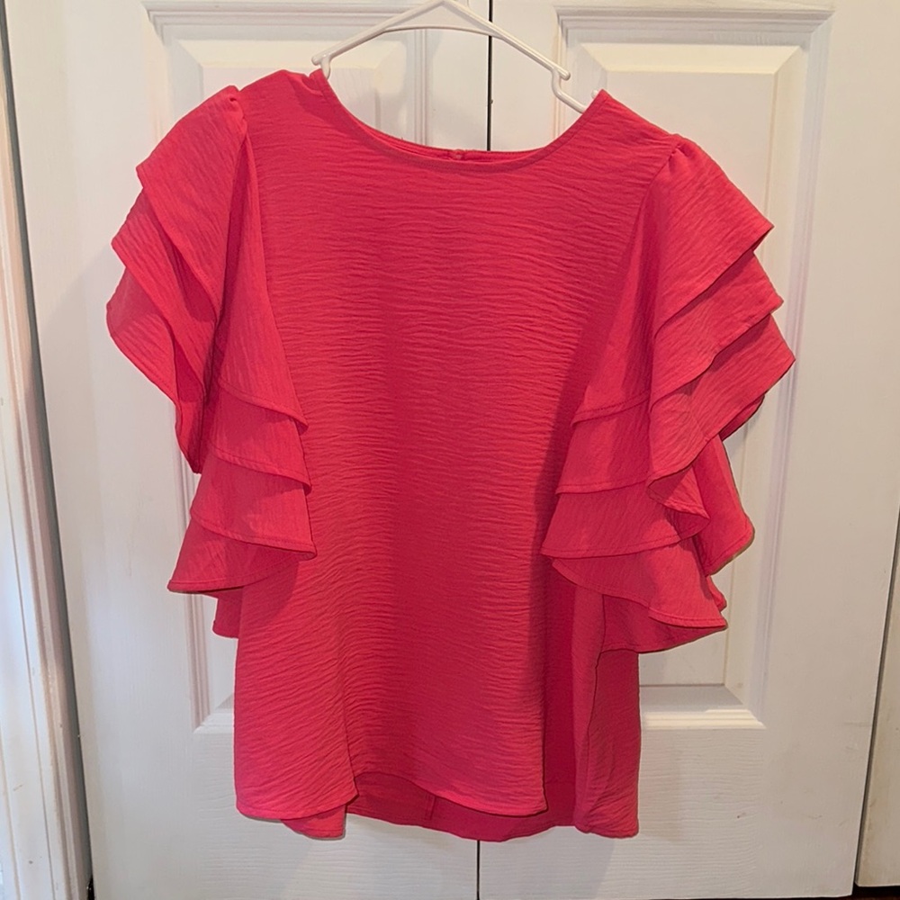 Zenana Hot Pink Ruffled Short Sleeve Blouse